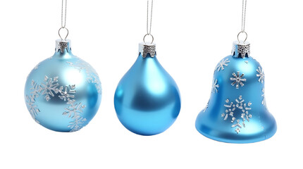 Three light blue glass christmas ornaments with snowflake designs isolated on transparent background