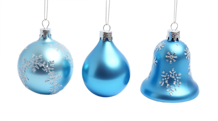 Three light blue glass christmas ornaments with snowflake designs isolated on transparent background