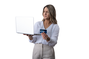 Woman having online shopping payment issues with laptop and credit card