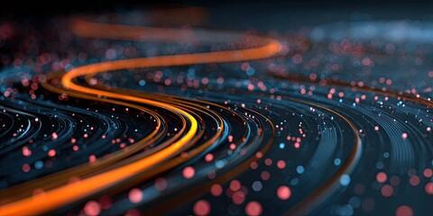 A close-up view features glowing orange streaks, trails, and tiny spheres over an undulating, dark surface