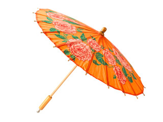 Orange paper parasol with floral pattern isolated on white background