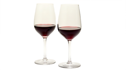 Two elegant champagne flutes filled with red wine isolated on transparent background