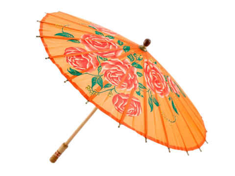 Decorative orange parasol with floral pattern isolated on white background