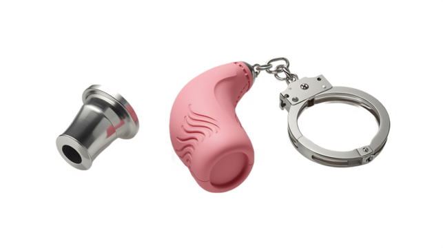 Pink chastity device with metal ring and insert isolated on transparent background
