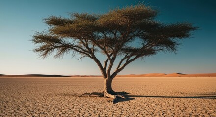 Solitary tree in a vast, sun-drenched desert