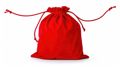 Red Velvet Drawstring Gift Pouch Isolated on White Background.