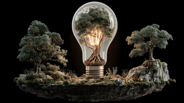 The concept of ecology, trees, soil, sunlight, rising from the lamp on black background. The bulb inside the tree with the globe. illustration