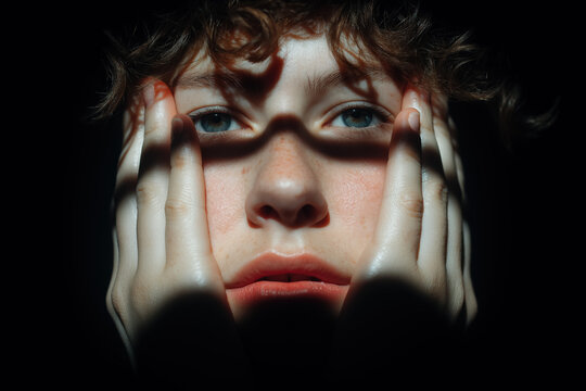 Young teen with hands on face in dramatic lighting