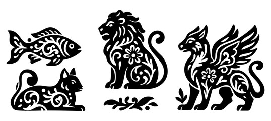 Ornate animal set with decorative fish, elegant cat, majestic lion and mythical griffin featuring intricate floral details and swirling patterns for creative design projects. Vector illustration.