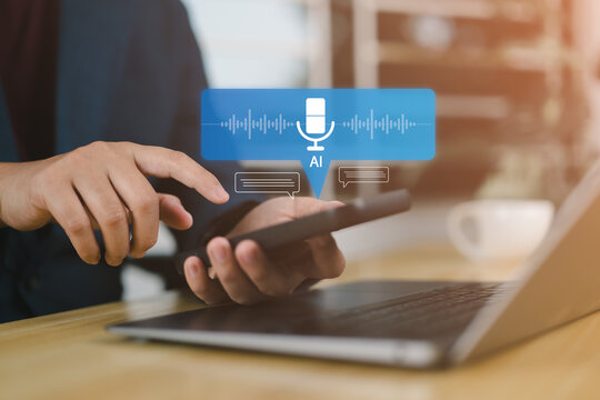 Man using an AI voice assistant on a smartphone with speech-to-text and chatbot features, representing smart technology, digital assistants, and modern virtual communication.