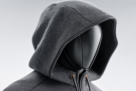 Futuristic hooded garment on faceless hooded figure in close-up