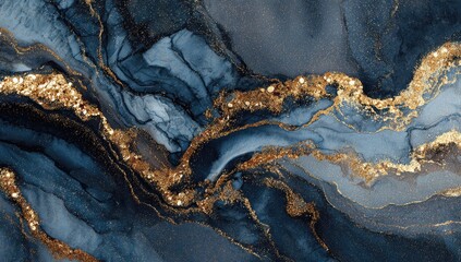 Fototapeta premium Flowing blue and gold abstract art resembling fluid marble or gemstones