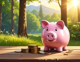 Piggy bank with coins on wooden surface, sunlit forest landscape backdrop