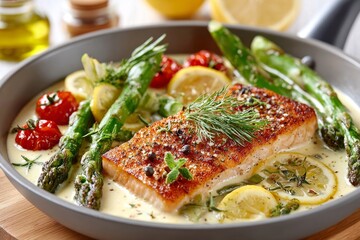 Lomo de bacalao casero con lim&oacute;n y esp&aacute;rragos en un plato colorido para el d&iacute;a de San Valent&iacute;n