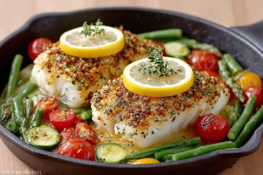 Fresco lomo de bacalao al lim&oacute;n presentado con verduras y hierbas para un d&iacute;a rom&aacute;ntico