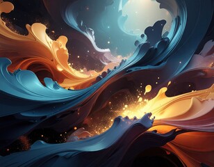 Abstract Swirling Waves of Fiery Orange and Deep Blue with Sparkling Golden Light Particles