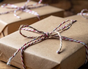 Close Up Of Kraft Paper Gift Boxes Tied With Red White And Blue Twine With Subtle Glitter Accents On A Wooden Surface Creating A Rustic Holiday Atmosphere