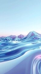 Abstract Landscape With Blue Metallic Waves And Distant Purple Mountains Under A Clear Sky With Soft Pink Horizon Light