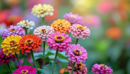 Vibrant Zinnia flowers in a sunlit garden with a soft focus background of green foliage and warm sunlight filtering through.