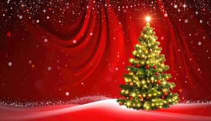 Beautifully decorated Christmas tree with glowing lights and festive red background.