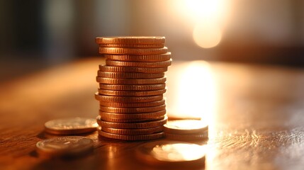Close-up of gold coins stack symbolizing wealth, finance, and success with a backdrop of abundance and growth