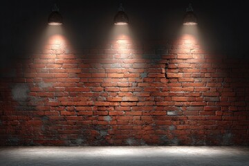 Three spotlights illuminating a distressed brick wall, creating dramatic shadows on a concrete floor