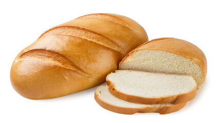Loaf of bread and a half with pieces close-up on a white background. Isolated