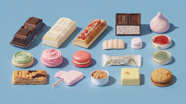 A delightful assortment of artisanal pastries and confections arranged elegantly, tempting the senses with vibrant colors and intricate details.