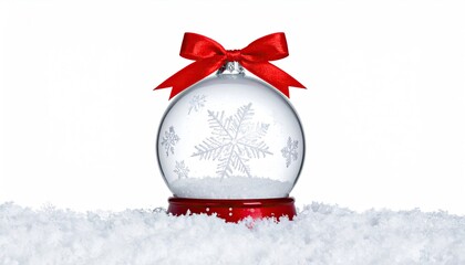 Festive Christmas snow globe with red bow and snowflakes in artificial snow.