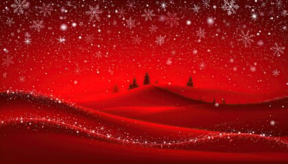 Enchanting Red Winter Landscape with Falling Snowflakes and Sparkling Glitter.