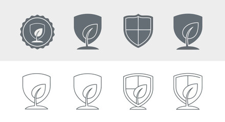Collection of shield icons with a sprouting leaf symbolizing environmental protection and sustainable growth security