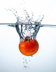 Tomato Plunging Into Water Creating Splashes Against White Background