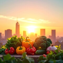 Fresh Vegetables Arrangement with Cityscape Background under Sunset Sky
