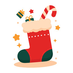 Festive Christmas stocking filled with gifts and a candy cane, decorated with stars and holiday elements. Perfect for greeting cards, posters, stickers, and seasonal designs. Vector isolated on white.