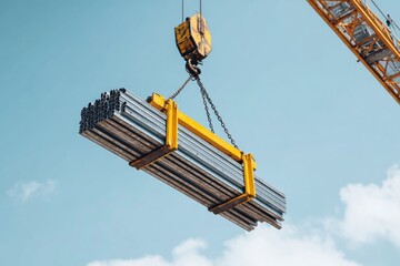 Steel bars being lifted by crane during construction work at a bright sunny day with a clear blue sky in the background