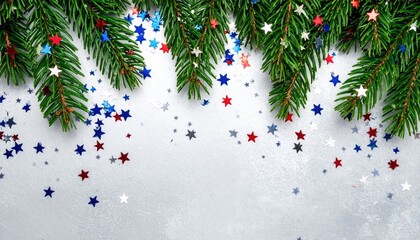 Festive Christmas fir branches decorated with patriotic red blue and white star confetti on a textured background.