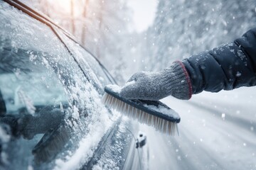 Clearing snow from a car in a winter landscape while snow falls from the sky