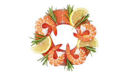Obraz premium Seafood Delights A Creative Arrangement of Shrimp Salmon Lemon and Rosemary Isolated on Transparent Background