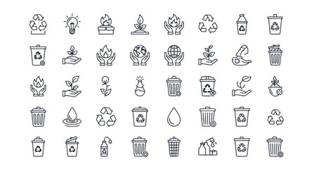 Collection of simple outline icons representing environmental protection sustainability recycling and nature conservation themes