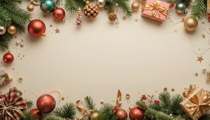 christmas background with fir branches and cones