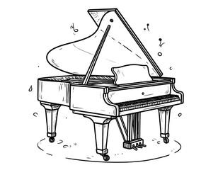 Drawn grand piano illustration with music notes, featuring a bright white background and detailed line work