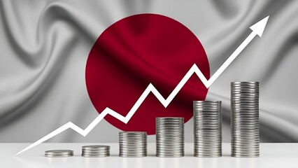 Rising Japanese economy shown with upward trend and stacked coins, indicating financial growth and investment opportunities in Japan's vibrant market