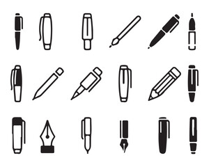 Obraz premium Pen & Pencil Vector Icons – Black Line Writing Tools, Office Supplies, Stationery Silhouette Set