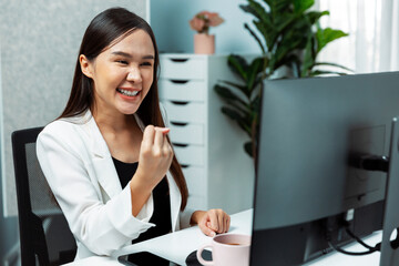 Successful in working young Asian businesswoman getting marketing online analysis service project...