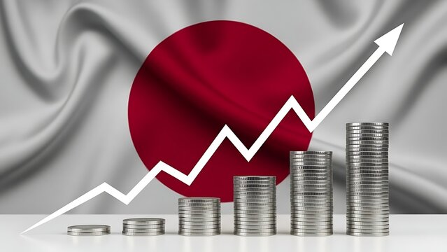 Rising Japanese economy shown with upward trend and stacked coins, indicating financial growth and investment opportunities in Japan's vibrant market
