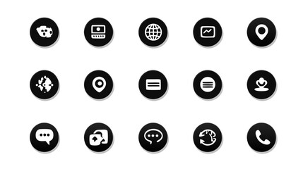Set of diverse black and white round digital icons for web, UI, UX, business, communication, technology, and global concepts.