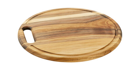 Round wooden cutting board with handle isolated on white background