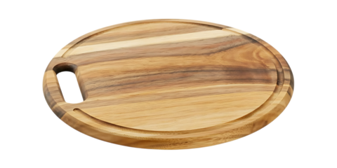 Round wooden cutting board with handle isolated on white background
