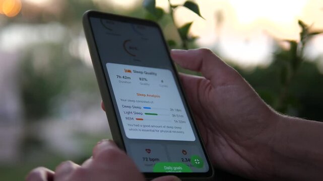 A person takes a reflective moment outdoors to delve into specific health metrics, focusing on sleep analysis within a comprehensive wellness app. This scene illustrates the modern habit of using