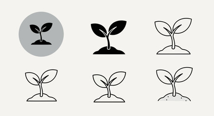 Collection of six simple sprout icons in black and white representing growth and new beginnings in different styles
